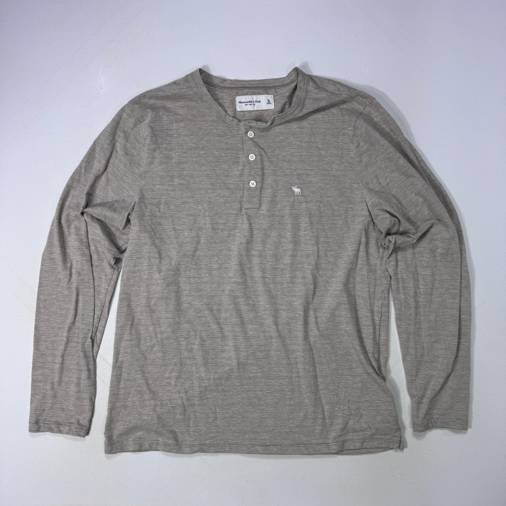 Abercrombie & Fitch Mens XL Soft A&F Tee Long Sleeve Henley Shirt Beige Striped